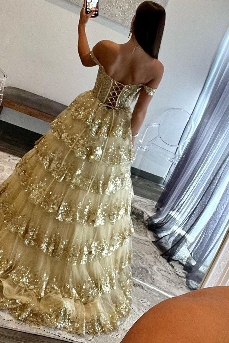 Vestido de graduación de princesa con hombros descubiertos, lentejuelas y encaje