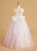 Vestido de niña de las flores sin mangas de encaje y tul con cuentas, estilo princesa de ensueño 