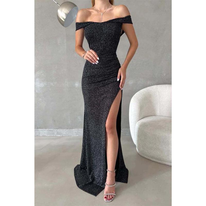 Vestido largo de fiesta formal con escote en V y hombros descubiertos, abertura lateral y brillo 