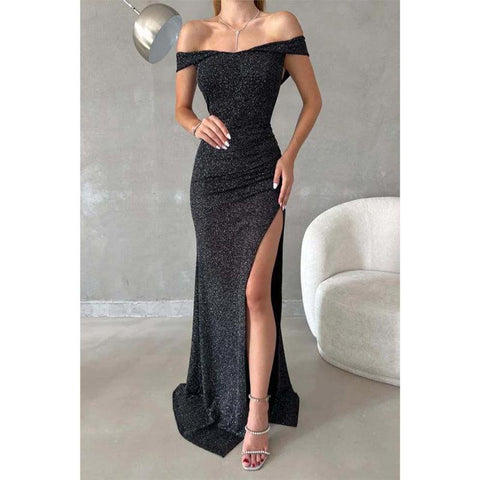 Robe de bal longue fendue sur le côté, fourreau/colonne, paillettes, épaules dénudées 