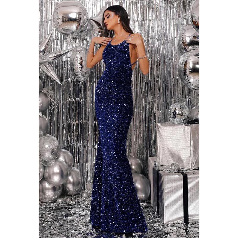 Vestido de fiesta sin mangas, espalda descubierta, apliques de lentejuelas y corte tubo/columna