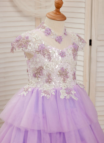 Vestido de princesa de tul lila con apliques florales y pedrería para niñas 
