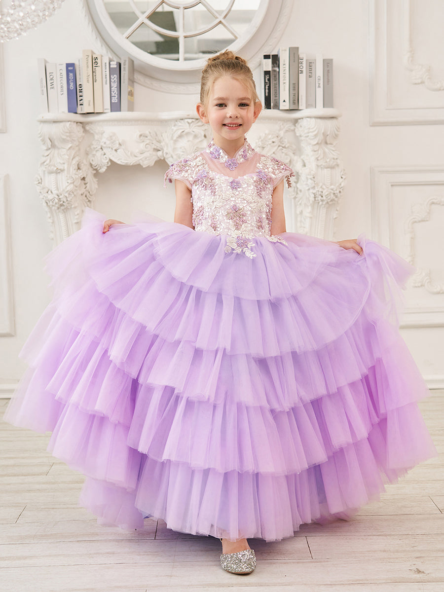 Vestido de princesa de tul lila con apliques florales y pedrería para niñas 