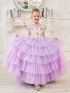 Vestido de princesa de tul lila con apliques florales y pedrería para niñas 