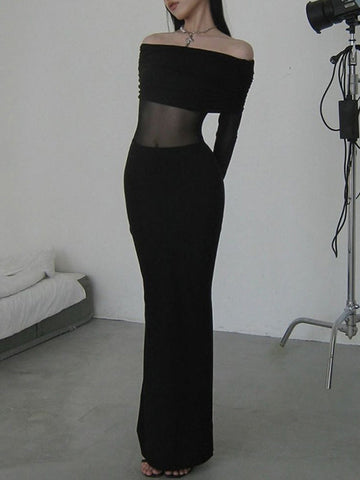 Vestidos largos de noche ajustados, plisados, transparentes, de color liso, con abertura en la entrepierna y hombros descubiertos. 