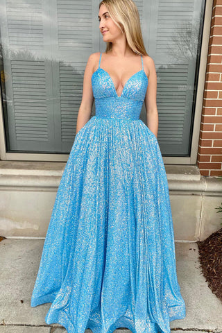 Sequins Spaghetti Straps A-Line Long Prom Dress