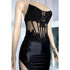 Robe de soirée sexy et tendance, sans manches, avec appliques, fourreau, fente latérale