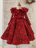 Vestido de niña burdeos hasta la rodilla de terciopelo con lentejuelas 