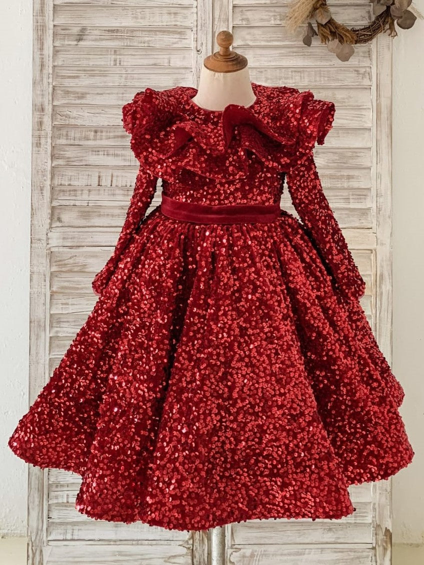 Vestido de niña burdeos hasta la rodilla de terciopelo con lentejuelas 