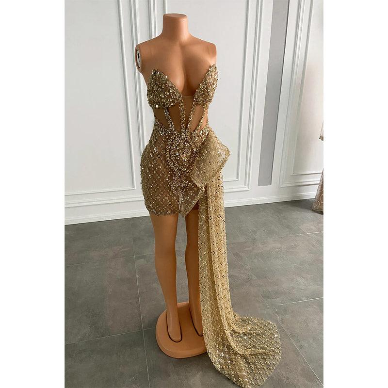 Vestido de fiesta largo con escote en V y cuentas pesadas para chicas negras 