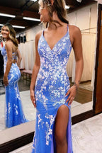 Ainhoa ​​| Vestido largo de fiesta de sirena azul brillante con encaje y abertura