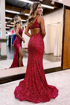 Robe de bal bordeaux asymétrique à sequins avec fente