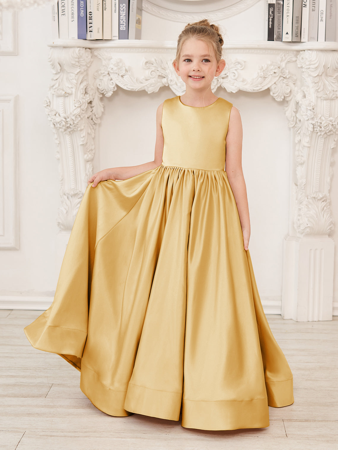Vestido de niña de las flores de corte A, de satén y encaje, hasta el suelo 