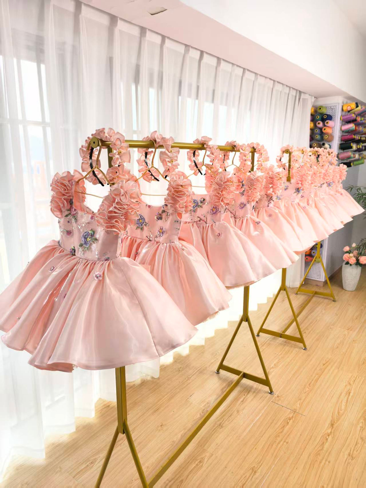 Floral Embroidery Sequins Tulle Knee-length Pink Baby Girl Dress