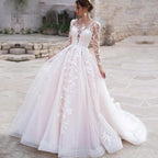 Luxury Pink Long Sleeves Wedding Dress Ball Gown Lace Appliques O-Neck Button Royal Train Bride Gowns Vestido De Novia Princess