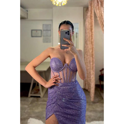 Sweetheart Strapless Sheer Sequined Sheath Long Prom Gown With Slit