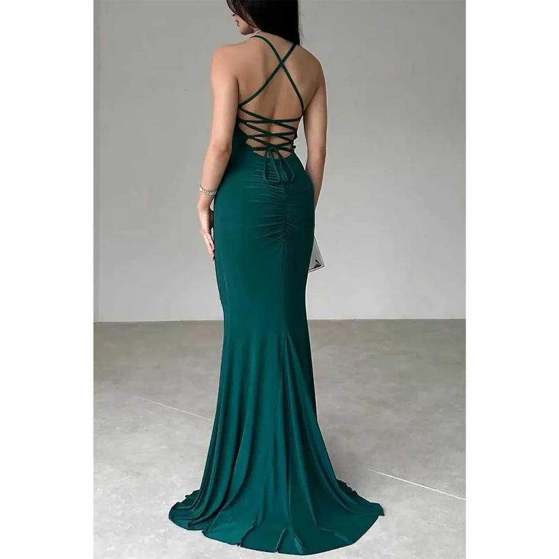 Vestido de fiesta de graduación de noche, ajustado, con tirantes finos, sin mangas y cordones 