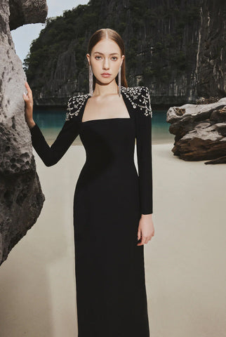 French Elegant Square Neck Long Sleeve Prom Dress