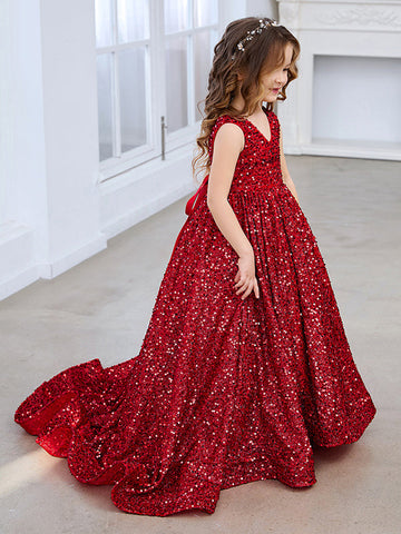 Deslumbrante vestido de princesa rojo con lentejuelas, escote en V y cola para niñas 