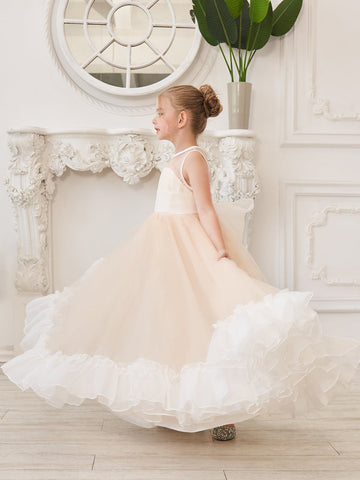 Robe longue rose en tulle organza coupe trapèze (010226975) 