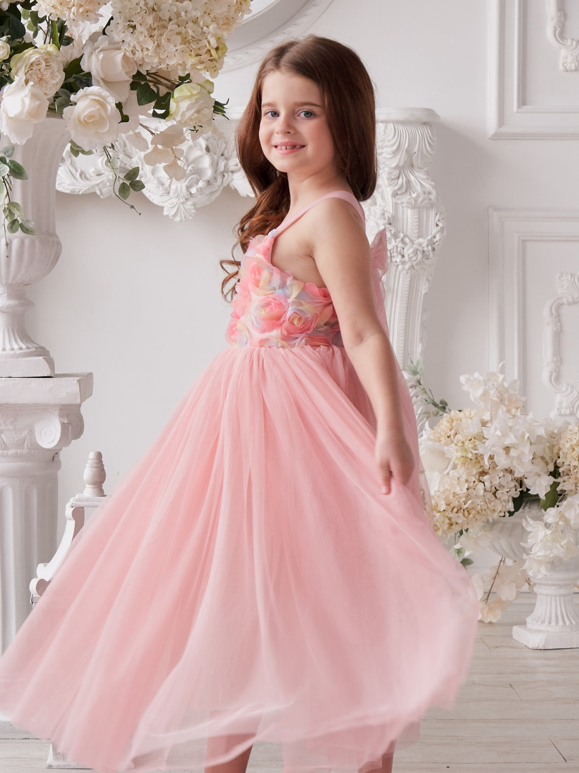 Vestido de bebé niña con lazo de tul y aplique floral en 3D de la colección Jardín Encantado 