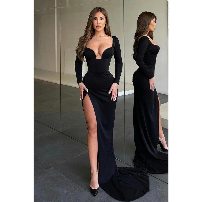 Vestidos de noche formales sexys con escote en V, abertura lateral y mangas largas 