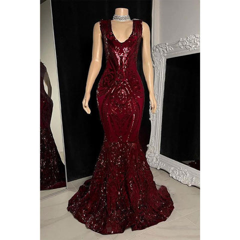 Robe de bal sirène sexy à col en V et paillettes appliquées pour fille noire à couper le souffle