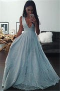 Vestidos de noche formales de encaje con escote en V azul bebé, hermosos vestidos formales sin mangas