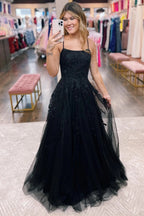 Vestido largo de fiesta de tul corte A con encaje