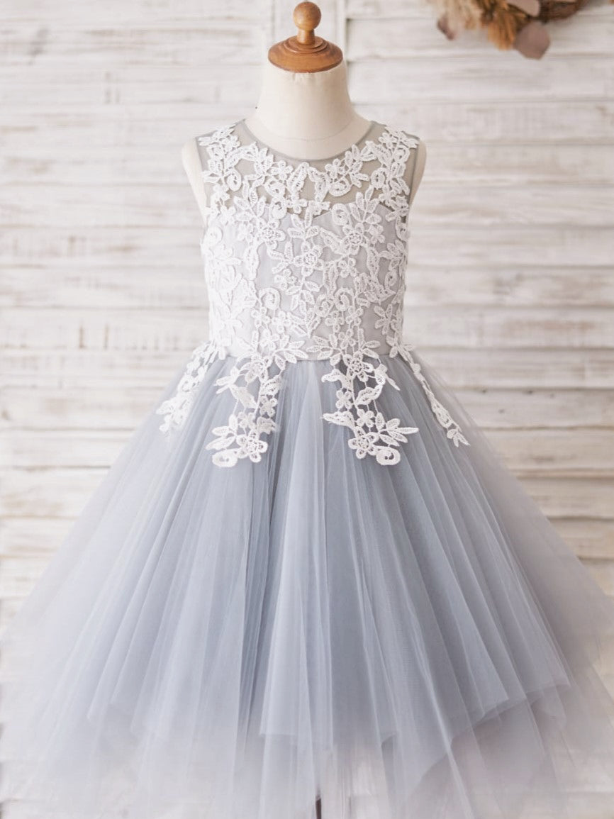 Vestido largo de tul y encaje azul para niña de las flores 