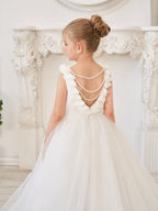 Elegante vestido blanco de tul para niña de las flores con cola corta 