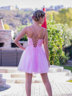 Robe de bal trapèze en dentelle appliquée au dos