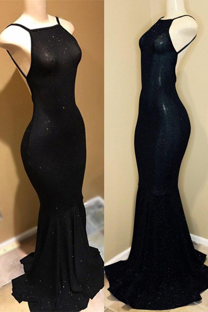 Vestido de graduación negro sin espalda, vestidos de noche con lentejuelas
