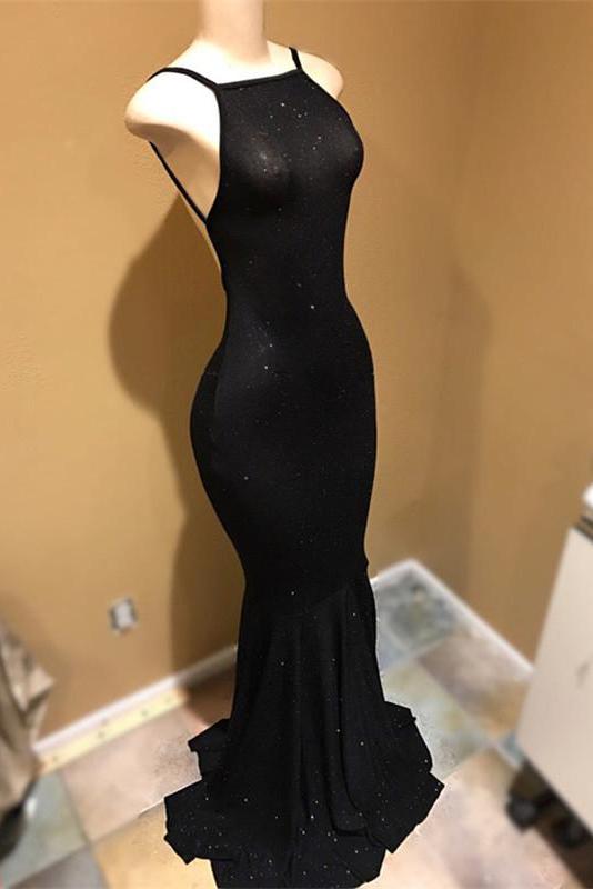 Vestido de graduación negro sin espalda, vestidos de noche con lentejuelas