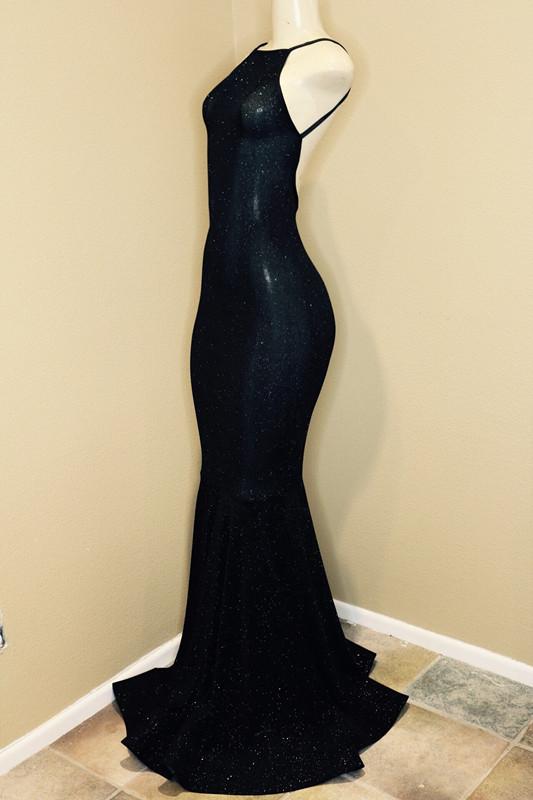 Vestido de graduación negro sin espalda, vestidos de noche con lentejuelas