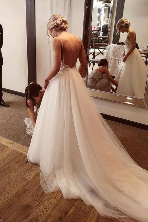 Vestido de novia playero de encaje y tul sin espalda WD432