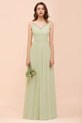 Vestido de dama de honor color salvia con espalda descubierta, largo hasta el suelo, ideal para primavera/verano.