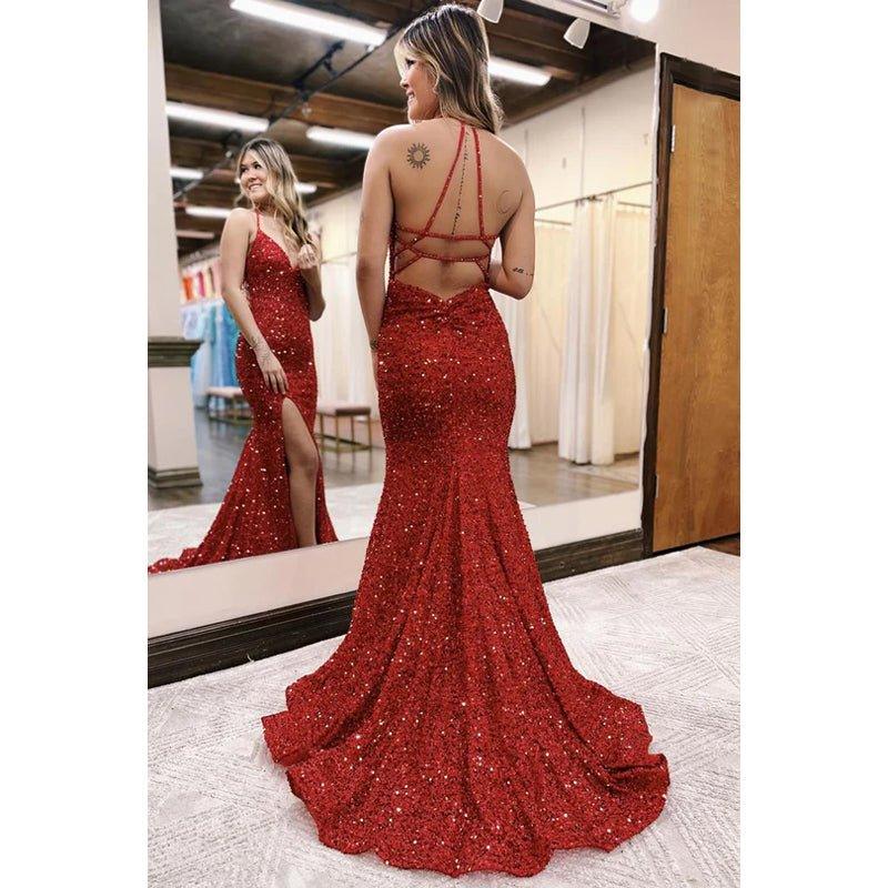 Vestido de fiesta de graduación con lentejuelas, escote en V y tirantes sin espalda y abertura tipo sirena 