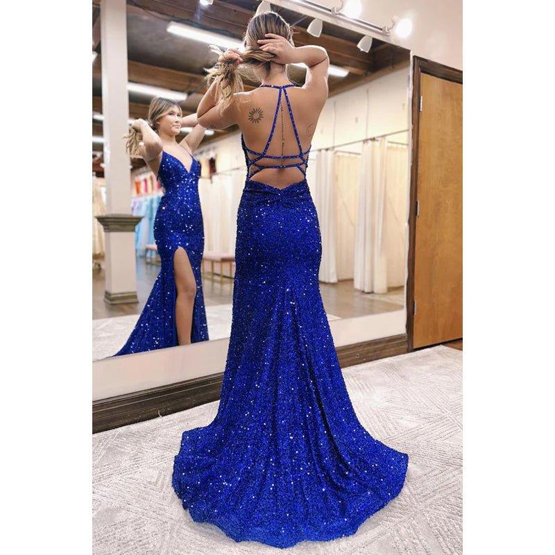 Vestido de fiesta de graduación con lentejuelas, escote en V y tirantes sin espalda y abertura tipo sirena 