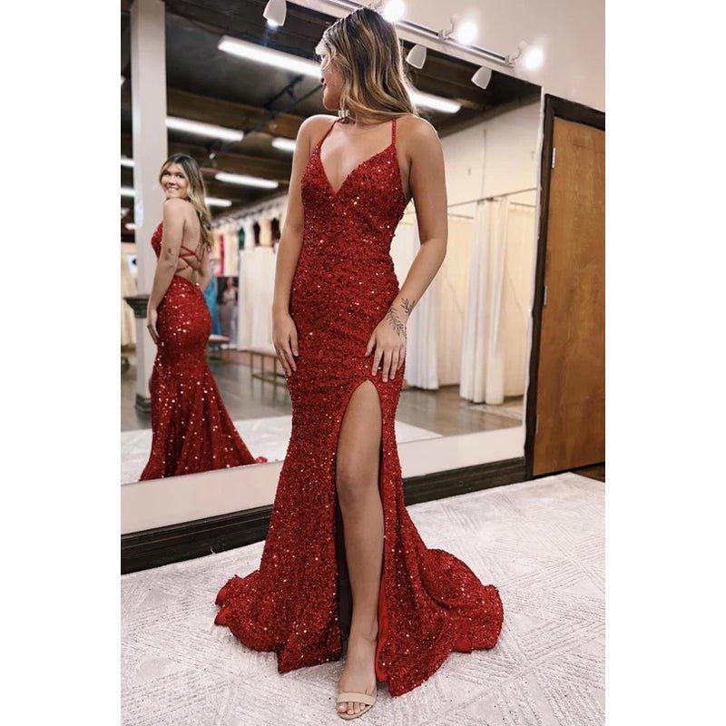 Vestido de fiesta de graduación con lentejuelas, escote en V y tirantes sin espalda y abertura tipo sirena 