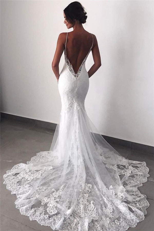 Robe de mariée dos nu en dentelle sirène à fines bretelles