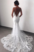 Robe de mariée dos nu en dentelle sirène à fines bretelles