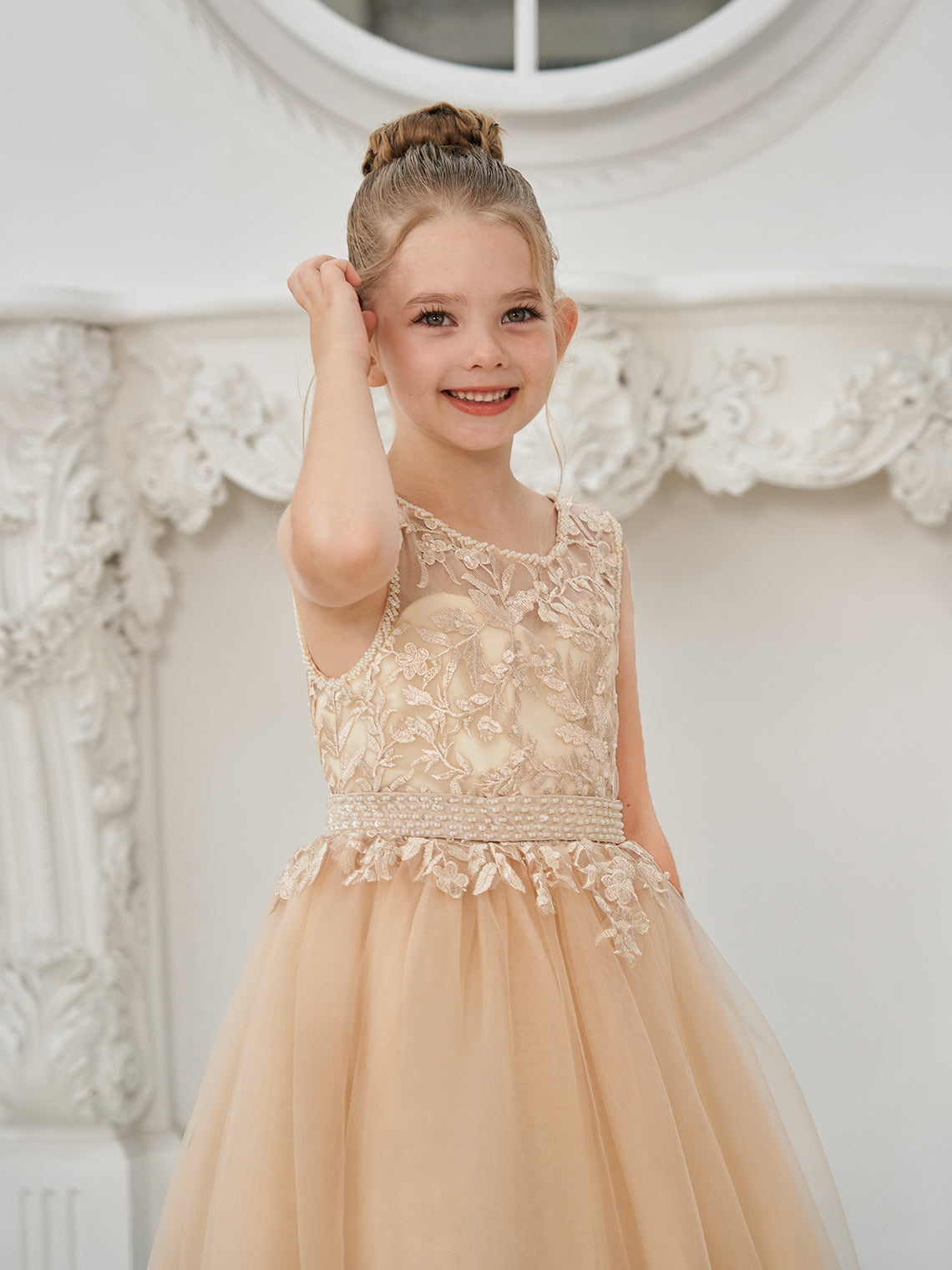 Vestido de princesa/vestido de princesa con cola de tul y vestido de niña de las flores color champán 