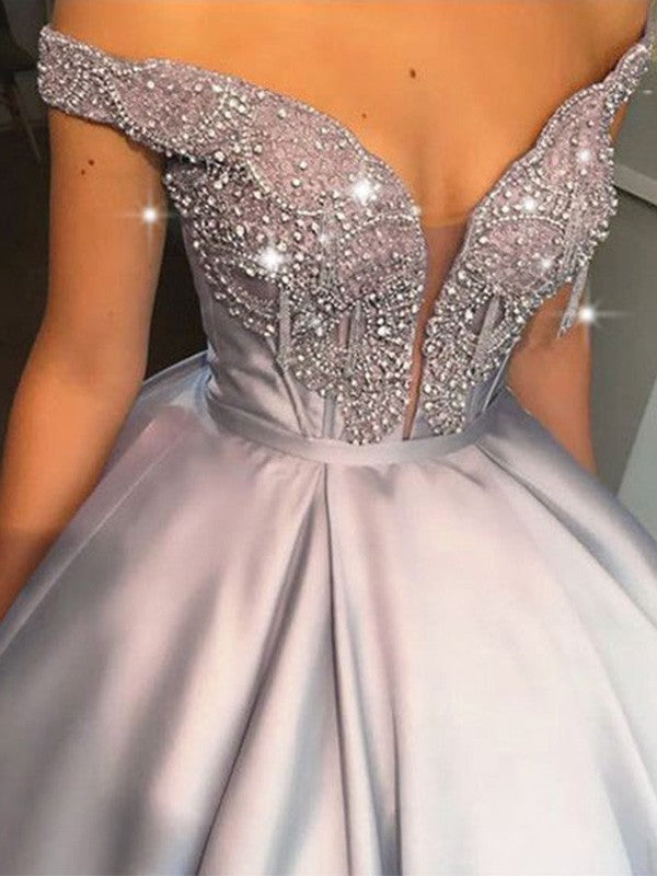 Vestidos de baile de gala con cuentas, de satén, sin mangas, con hombros descubiertos y largo hasta el suelo.