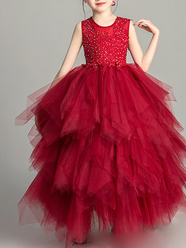 Vestido de gala de gasa sin mangas con cuello joya para niña de las flores de la primera comunión