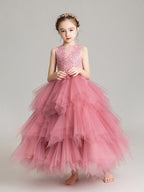 Vestido de gala de gasa sin mangas con cuello joya para niña de las flores de la primera comunión