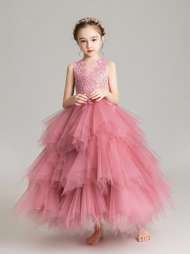 Vestido de gala de gasa sin mangas con cuello joya para niña de las flores de la primera comunión
