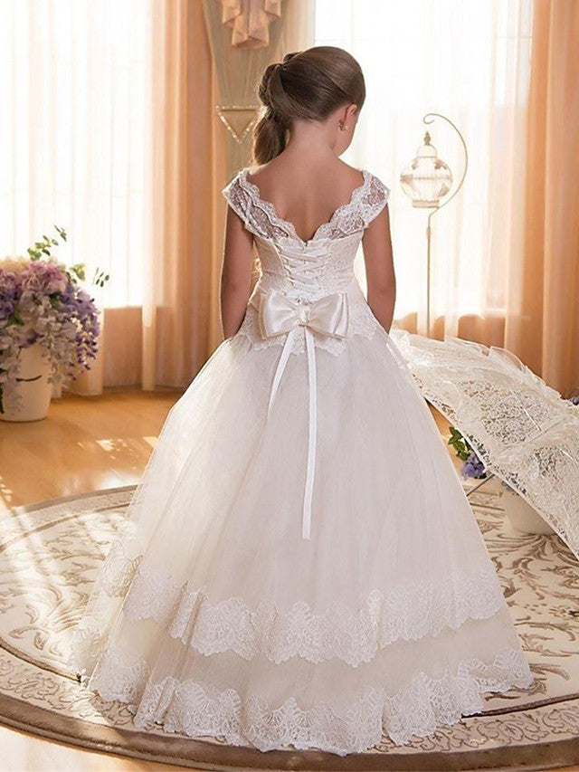 Vestido de gala de gasa y tul con cuello joya para boda, cumpleaños, concurso de belleza y niña de las flores, con mangas.