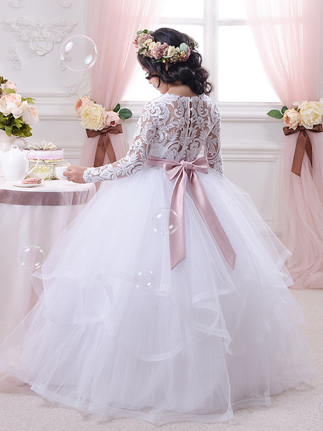 Vestido de gala de algodón, manga larga, encaje y tul para niña de las flores de la primera comunión