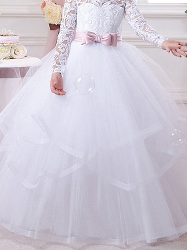 Vestido de gala de algodón, manga larga, encaje y tul para niña de las flores de la primera comunión